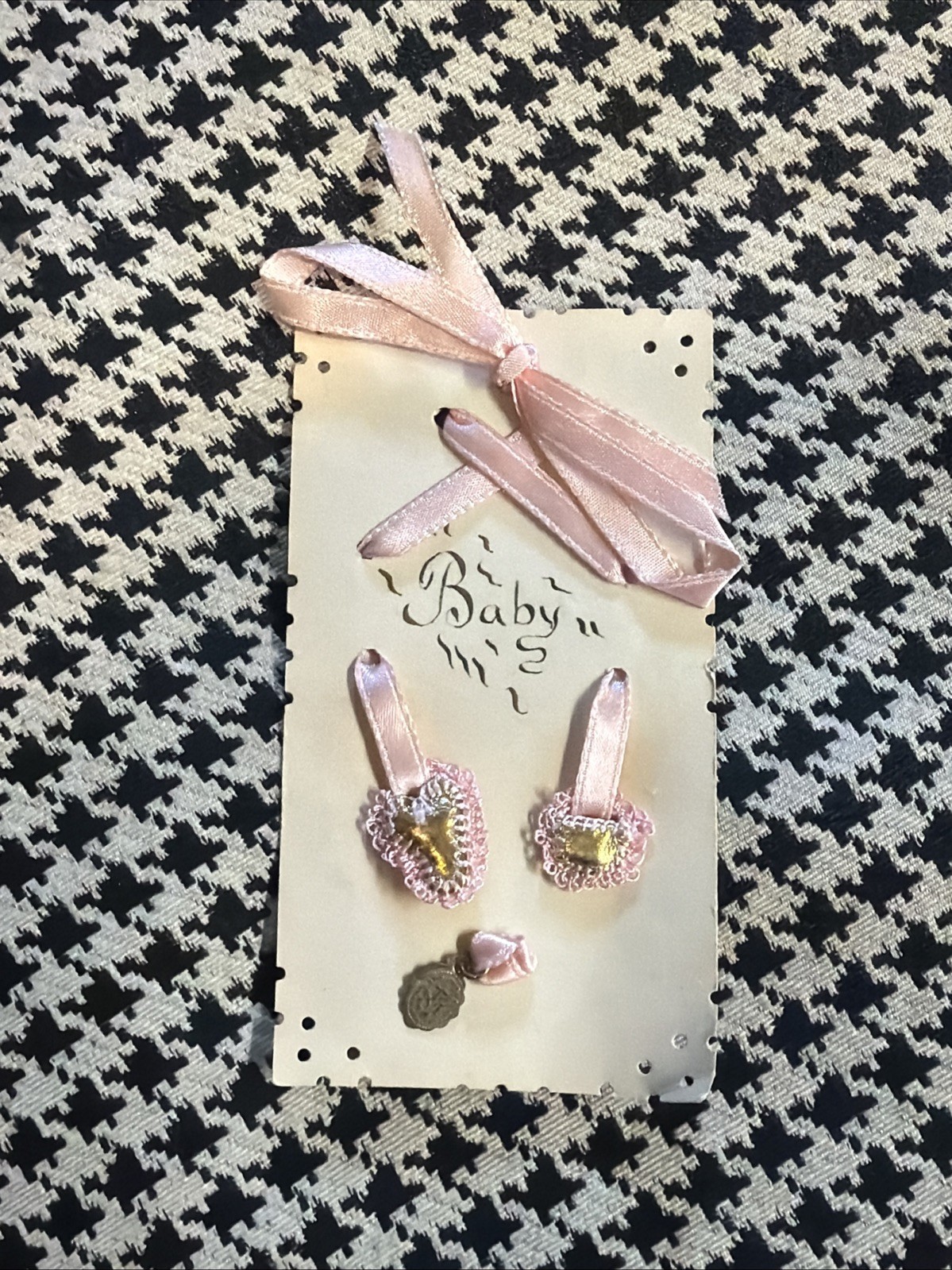 Vintage Catholic Baby Baptism Keepsake Miraculous Medal Scapular Pink Ribbon