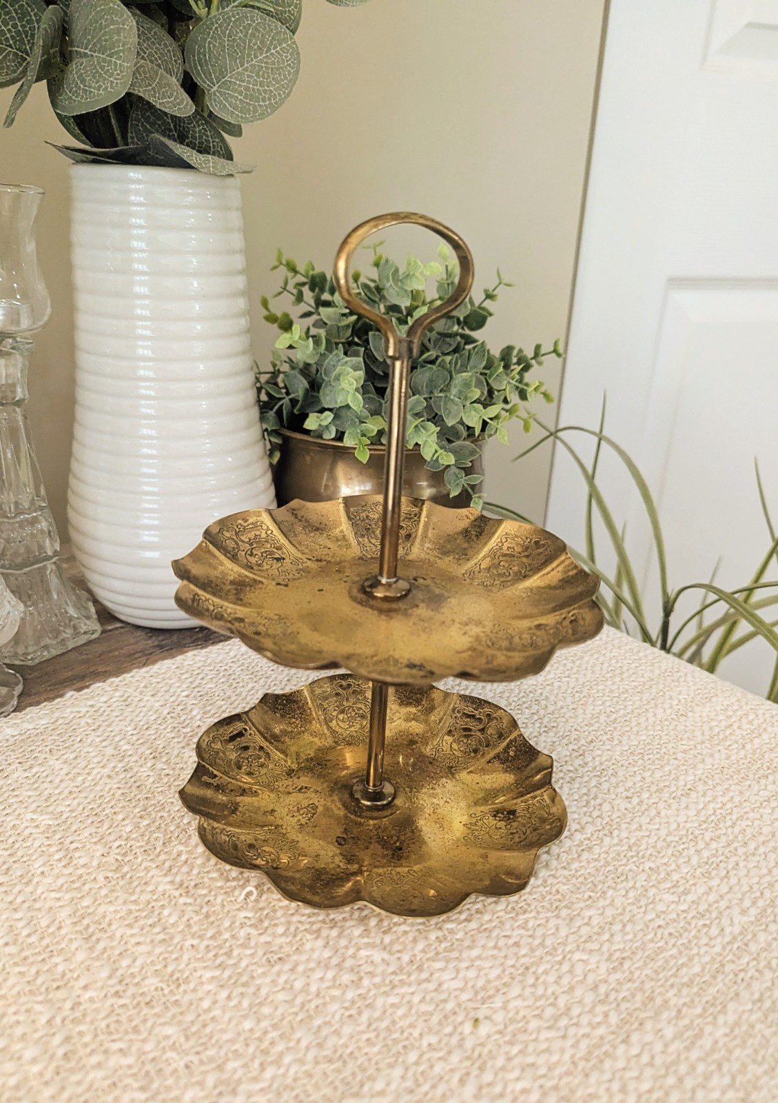 Vintage Farber Bros 2-Tier Brass Serving Stand Ornate Floral Engraved Scalloped