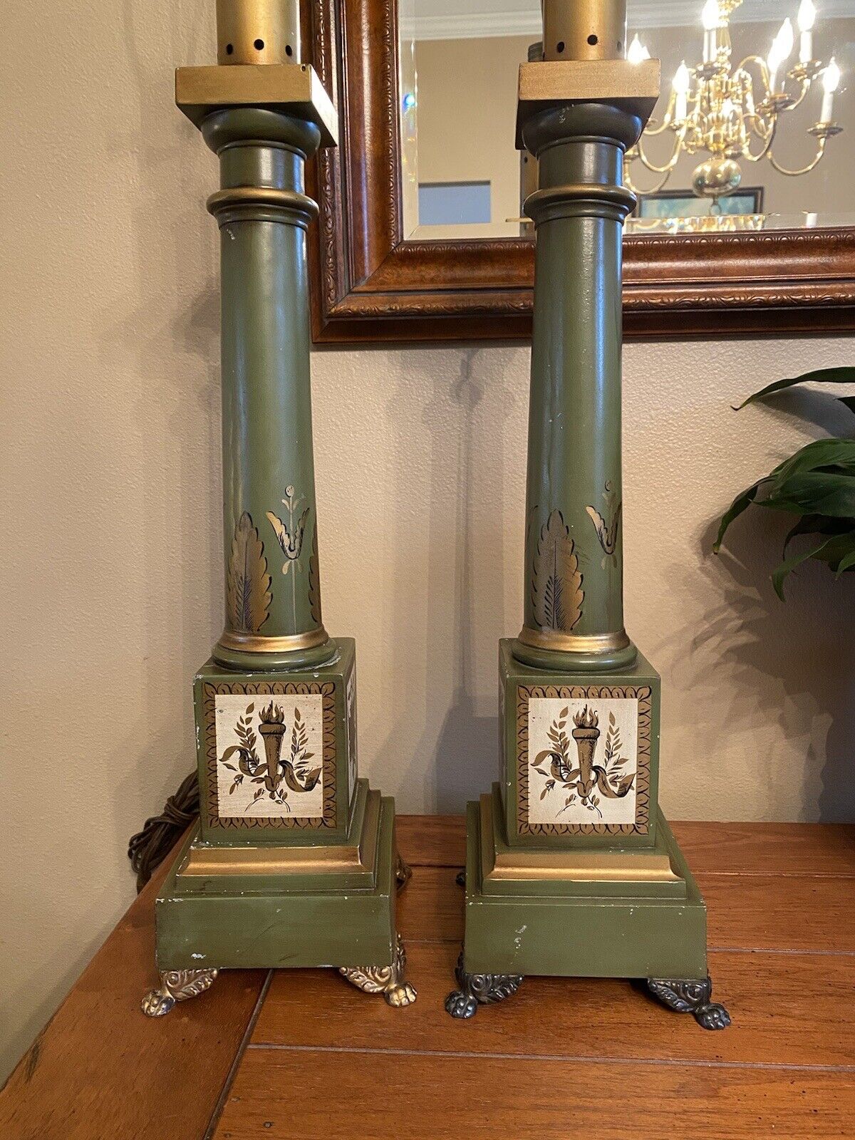 Pair French Neoclassical Green Tole Column Table Lamps Frederick Cooper VTG