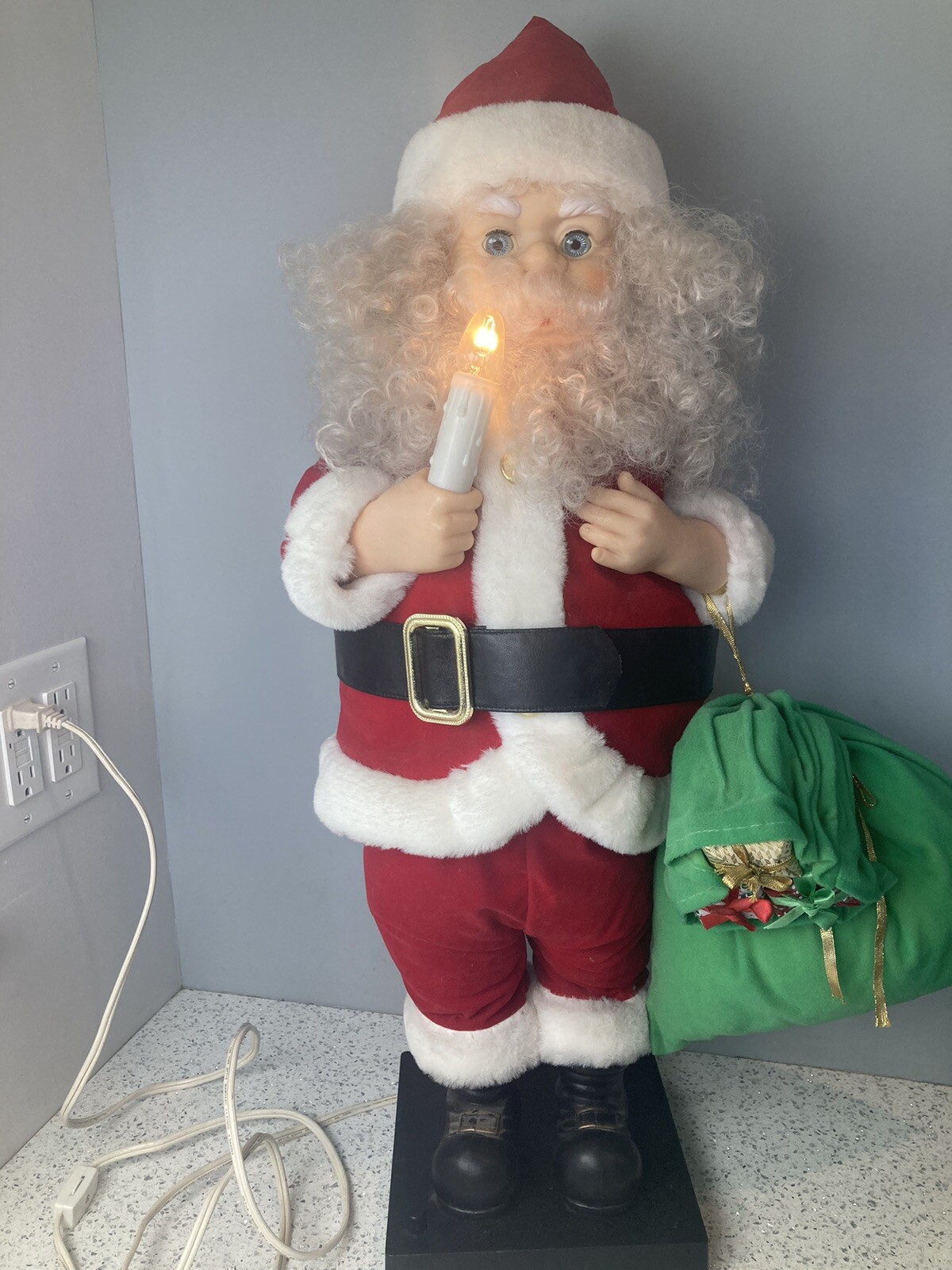 Vintage Animated Santa Claus Motionette Holding Candle Cute Face Blue Eyes 28”