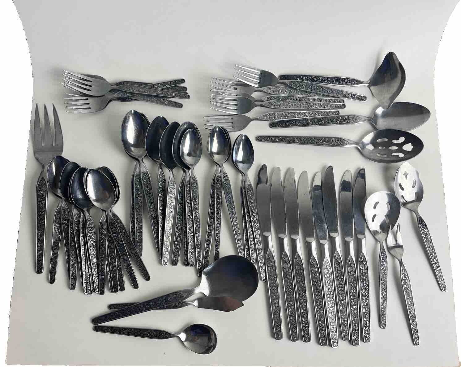 MCM National Stainless “Sevita” Flatware Service 57 Pieces ~ Embossed Flowers