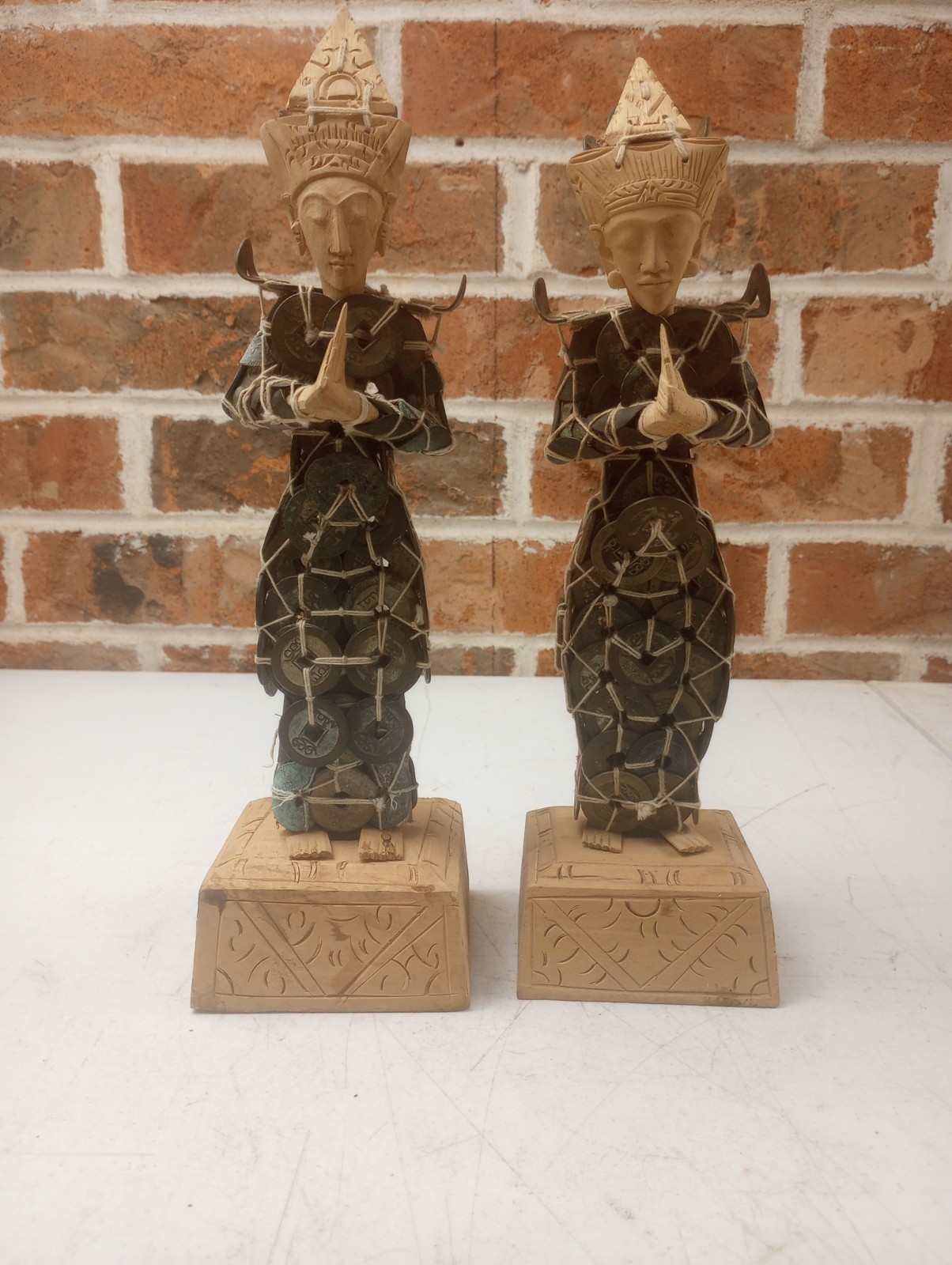 Vintage 12 ” Balinese Handmade Wood Figurine Made With Chinese Coins Set Of 2