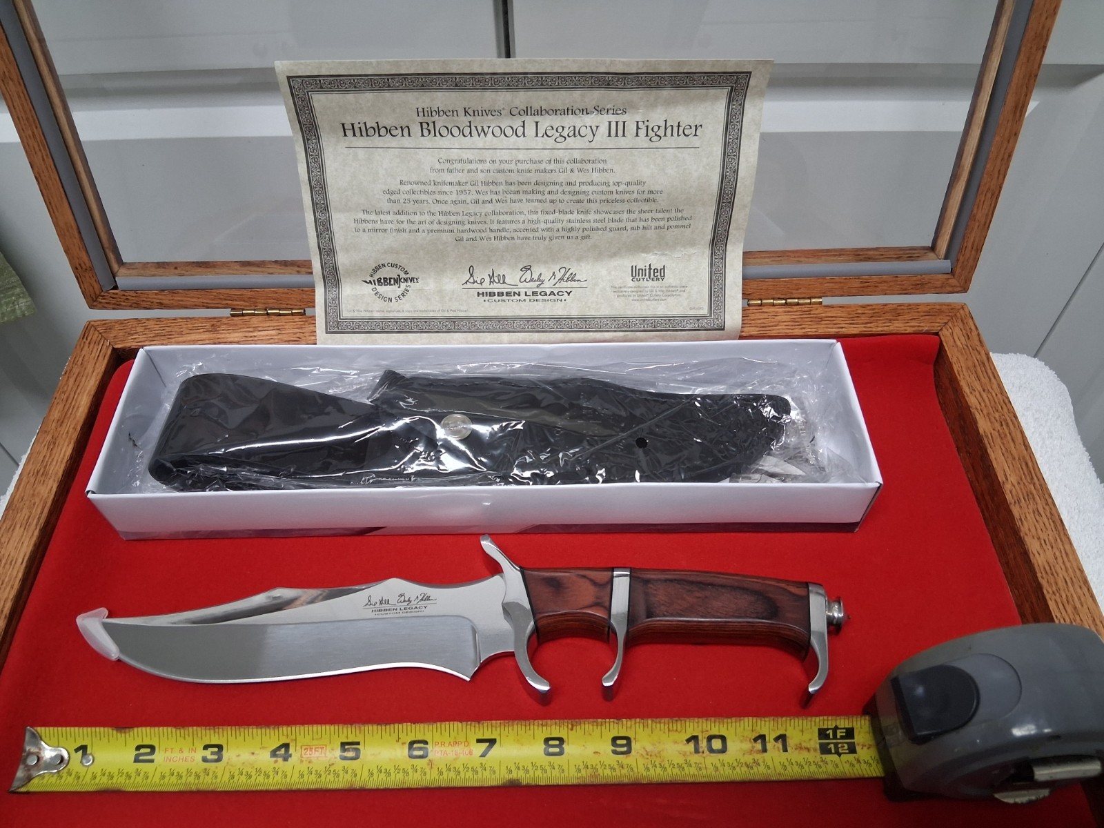 GIL HIBBEN's DARKWOOD LEGACY III FIGHTER KNIFE WITH BLACK LEATHER SHEATH & BOX