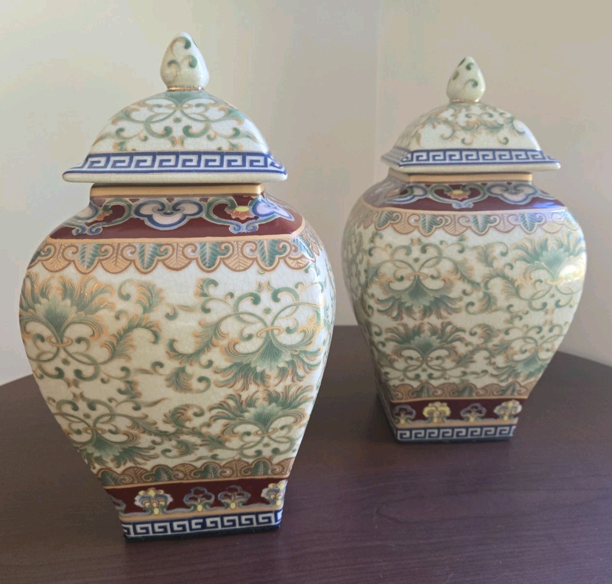 Pair Chinese Ginger Jars Crackle Glaze Lidded Urns Temple Vases Chinoiserie 14\