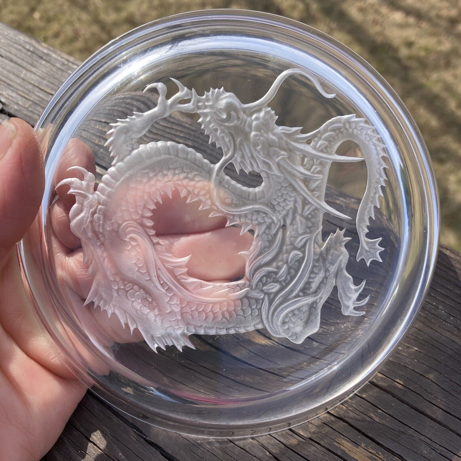 HOYA Crystal Dragon Carving Art Wine Bottle Coaster/Decorative Tray Japan