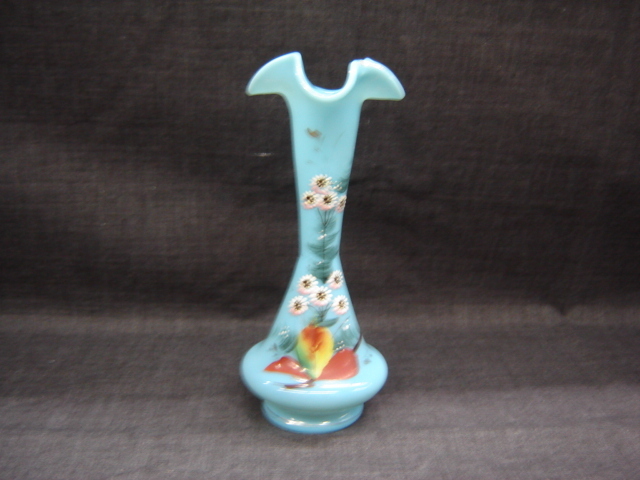Antique Blue Opaline Hand Painted Blown Floral Vase