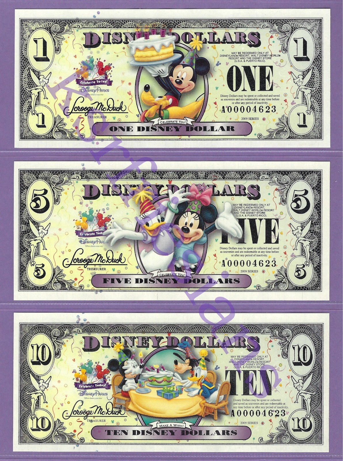 2009 A $1 $5 $10 DISNEYLAND DISNEY DOLLARS 3X A00004623 CELEBRATE TODAY
