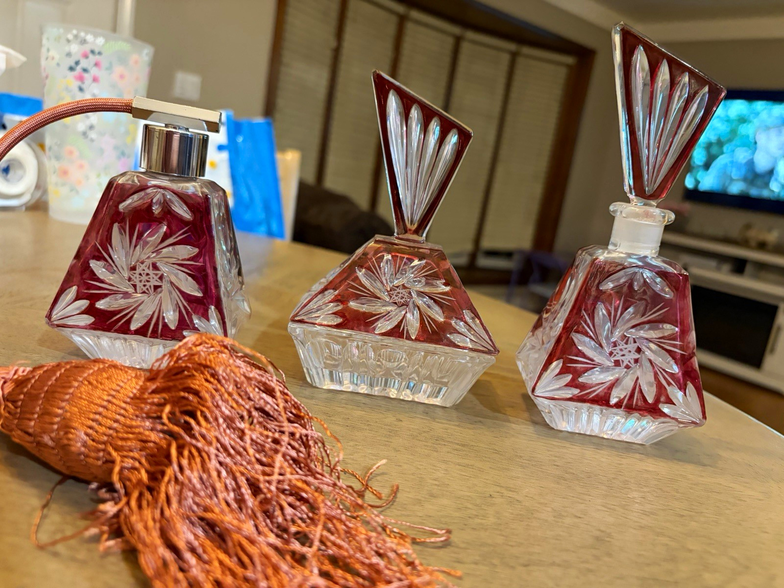 Vintage Ruby Red Cut to Clear Crystal 3-Piece Vanity Perfume Set -West German B