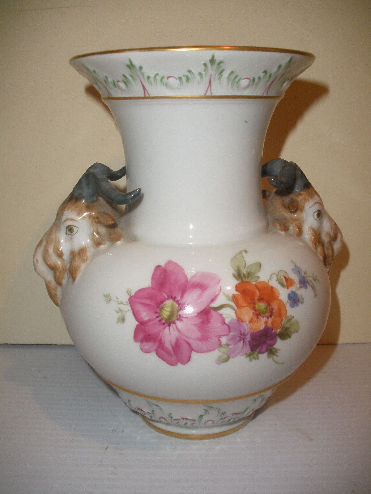 Great antique KPM porcelain vase hand painted flowers figural ram heads handles
