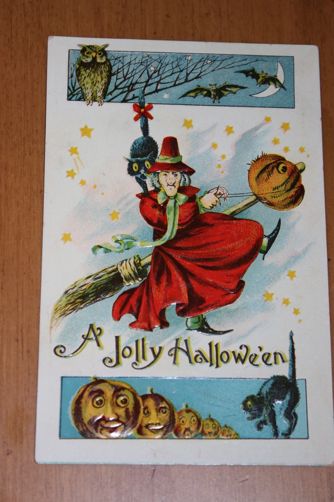 Antique Embossed Halloween Postcard Featuring Witch on Broom  FREE US SHIPPING