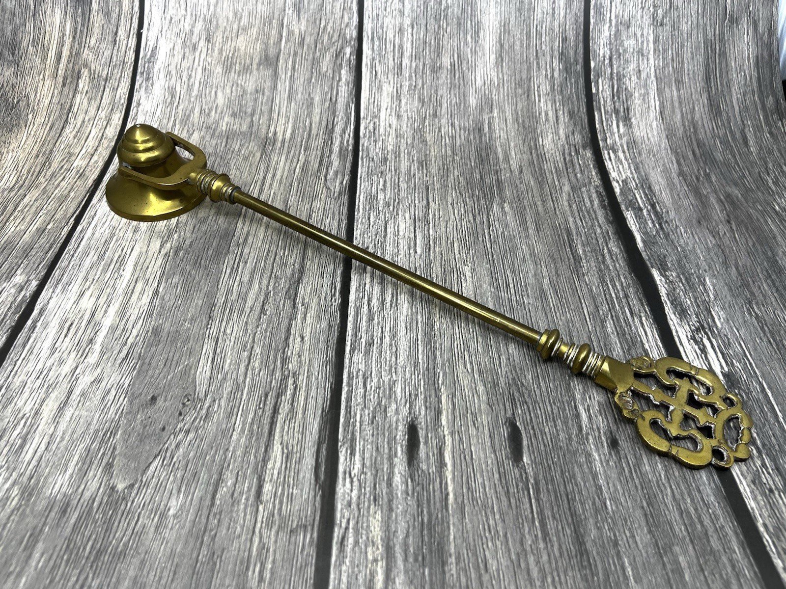 Celtic Brass Candle Snuffer Bell Shape Ornate Handle Vintage 14.5”