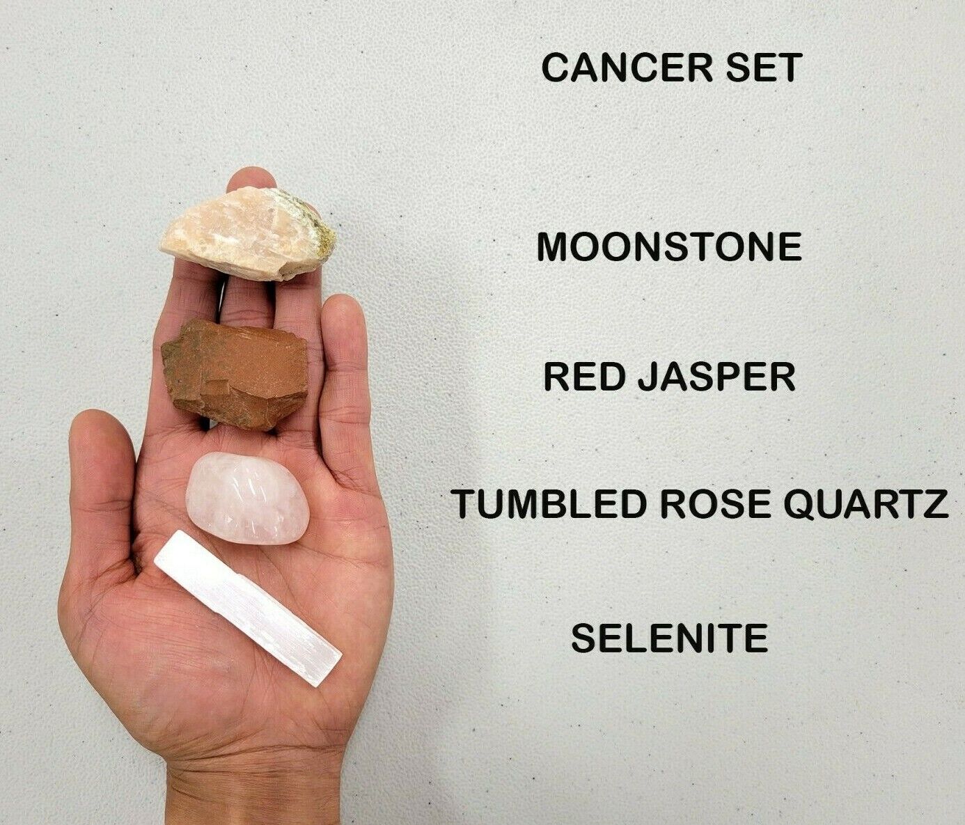 Crystals for Cancer Zodiac Sign, Moonstone, Red Jasper, Rose Quartz, Selenite