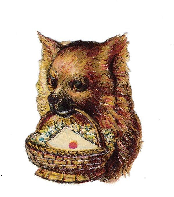 1888 Victorian Chromo, PUPPY DOG BASKET LOVENOTE, Antique Die-Cut Scrap, 1-3/4