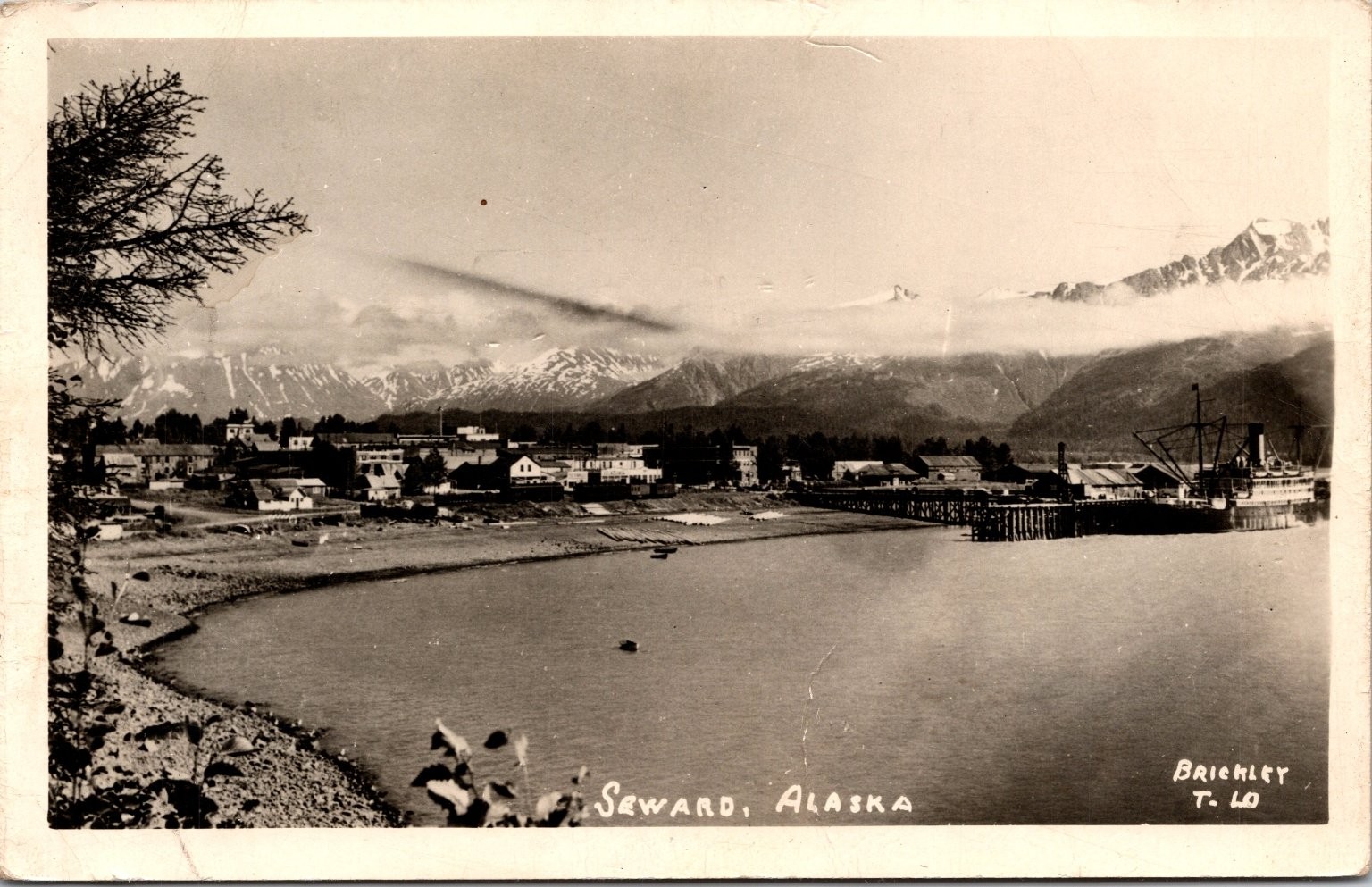 Seward Alaska Real Photo Postcard c.1930s Waterfront Harbor Mountains Ship RPPC