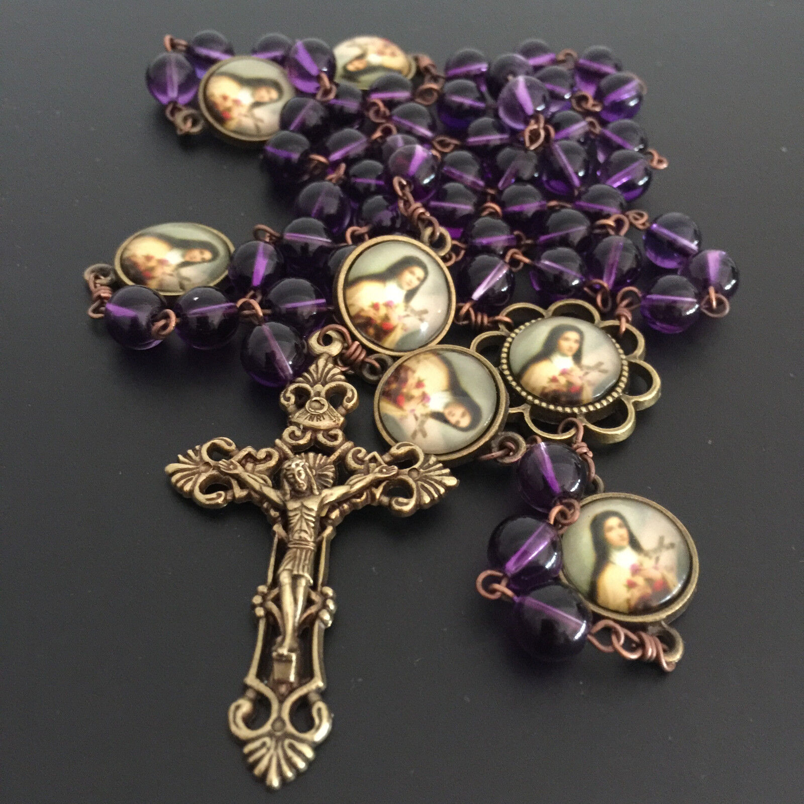 Vintage AMETHYST BEADS ST.THERESE ROSARY CROSS CRUCIFIX CATHOLIC NECKLACE BOX