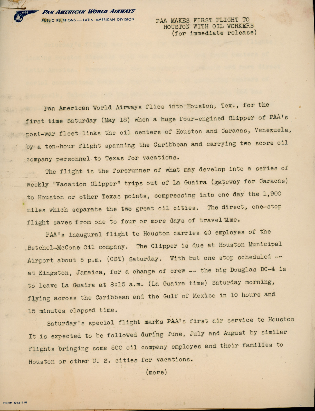 Pan Am Pan American Airways Vintage Caracas-Houston First Flight Press Release