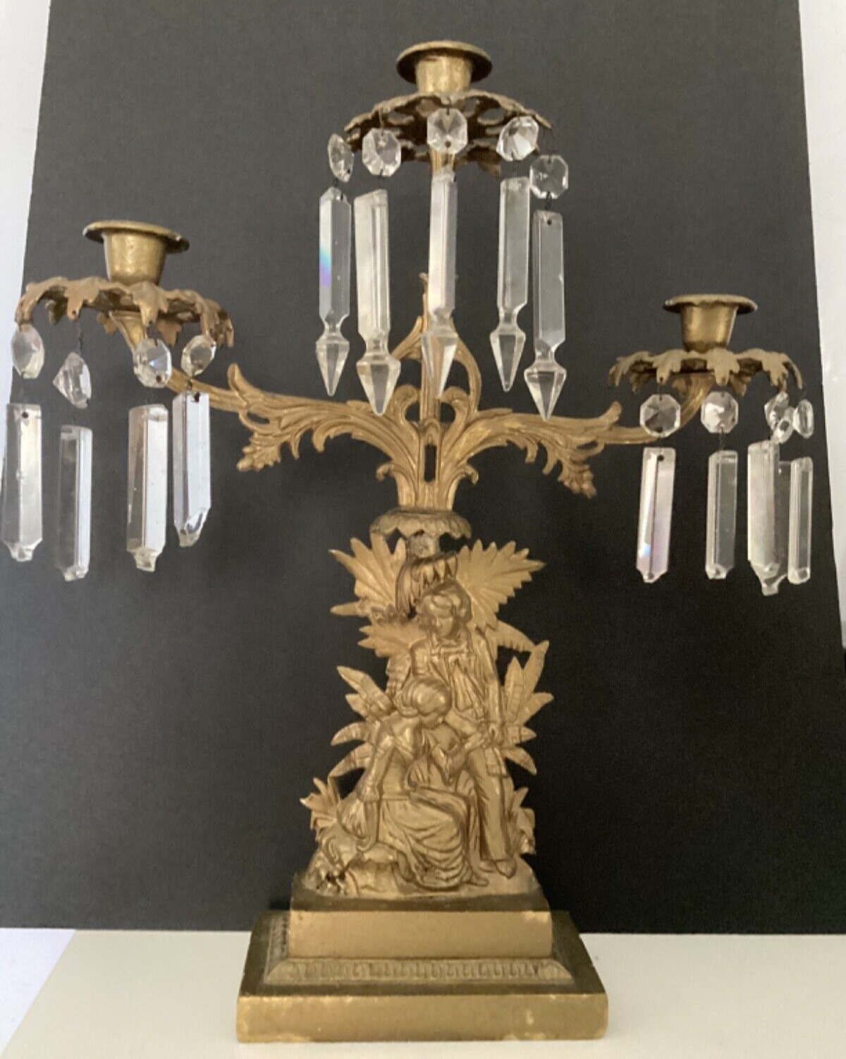 Vintage Brass Victorian Figural Ornate CandelabraWith Hanging Crystals 18”X15.5”