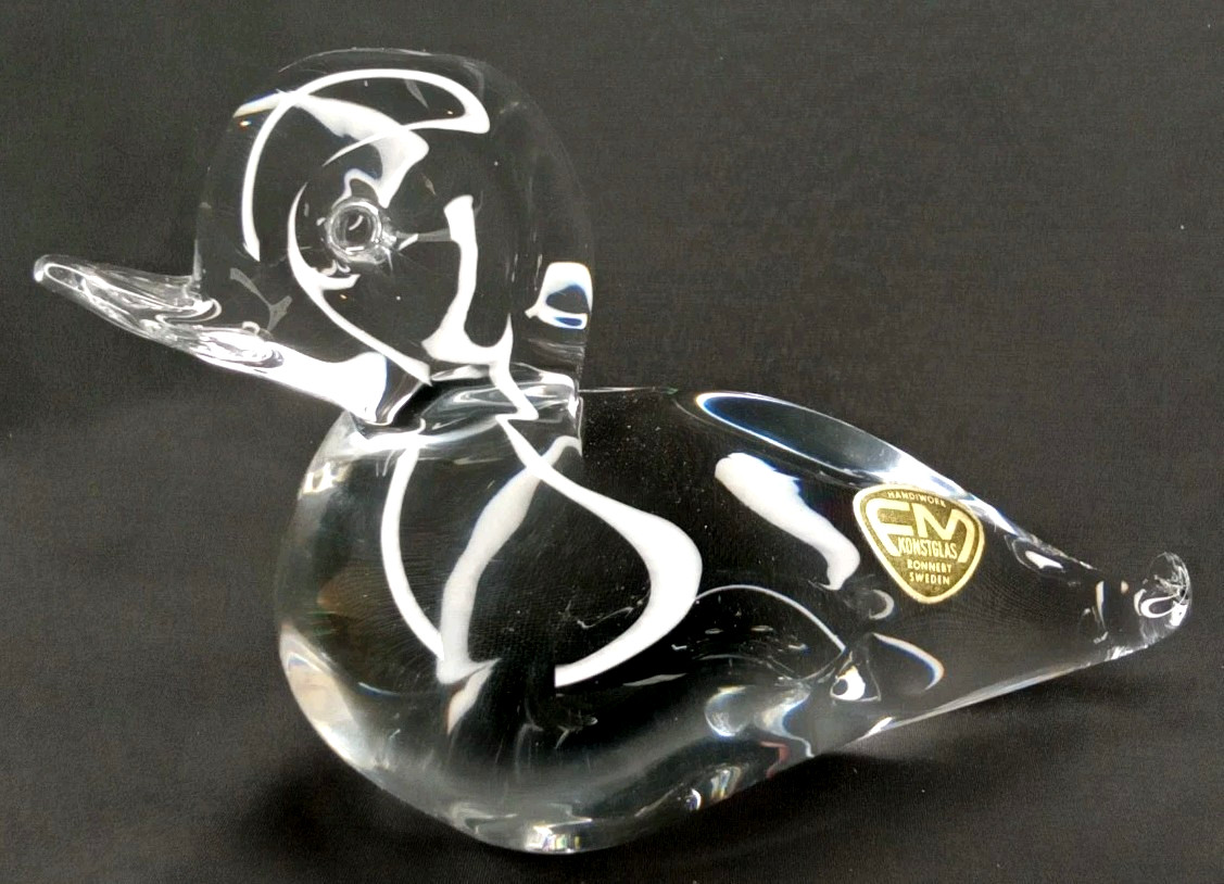 FM Konstglas Glass Duck With Original Sticker Made In Sweden Vintage 1960s