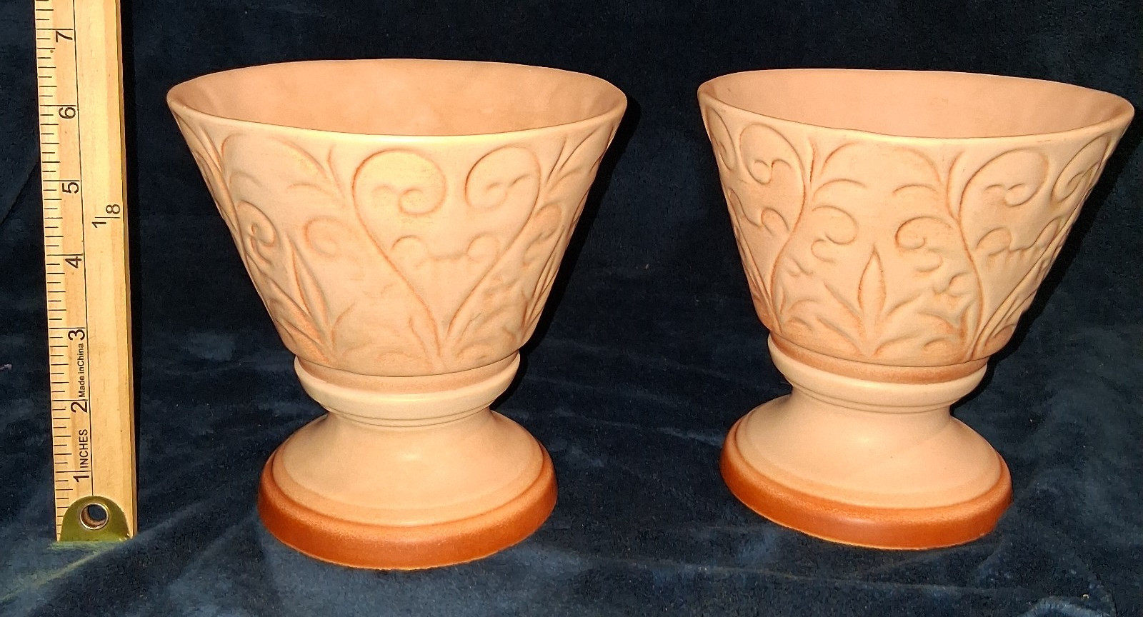 Vtg Pair of Pedestal Planters Art Pottery Scroll Leaf Peach Tan Matte Glaze