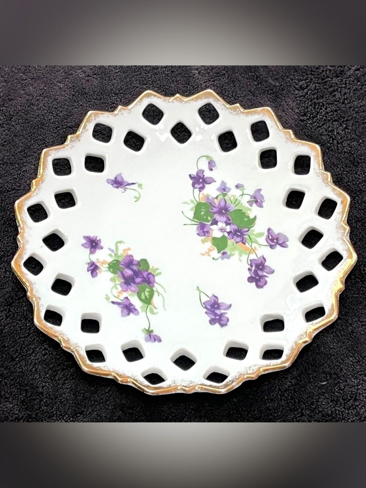 Vintage Fine China Reticulated Sweet Violet Plate Pierced Rim Gold Trim
