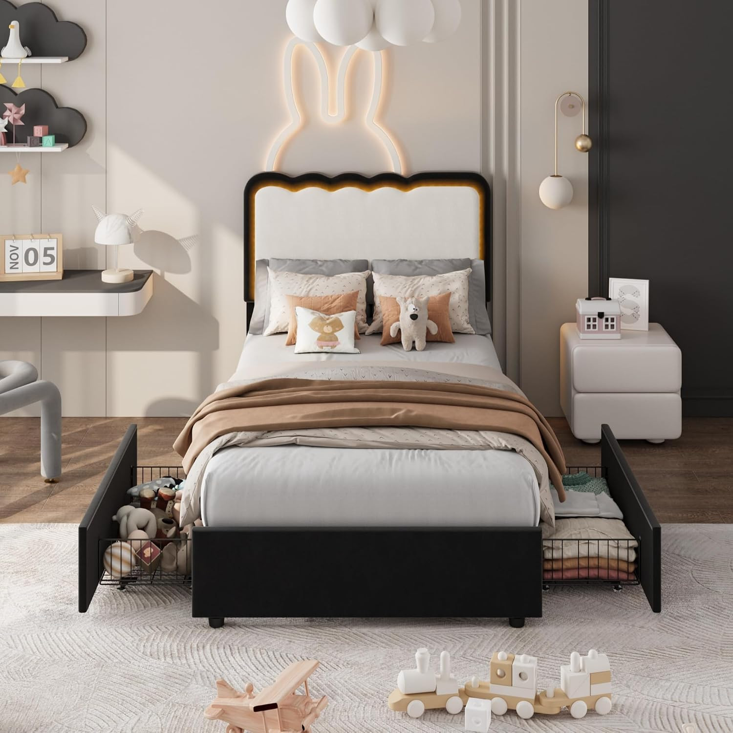 Twin XL LED Bed Frame with Storage Drawers and Wave Headboard
