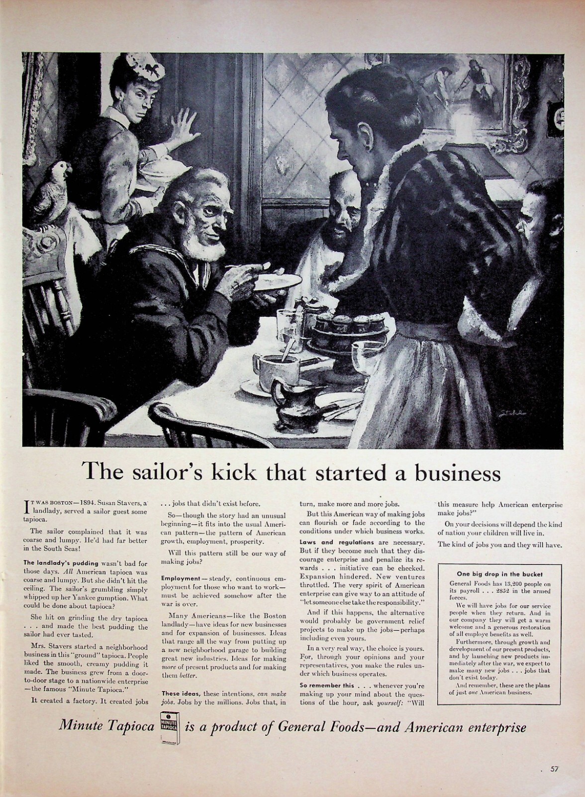 1944 General Foods Minute Tapioca Sailor\'s Started Business Vintage 40s Print Ad