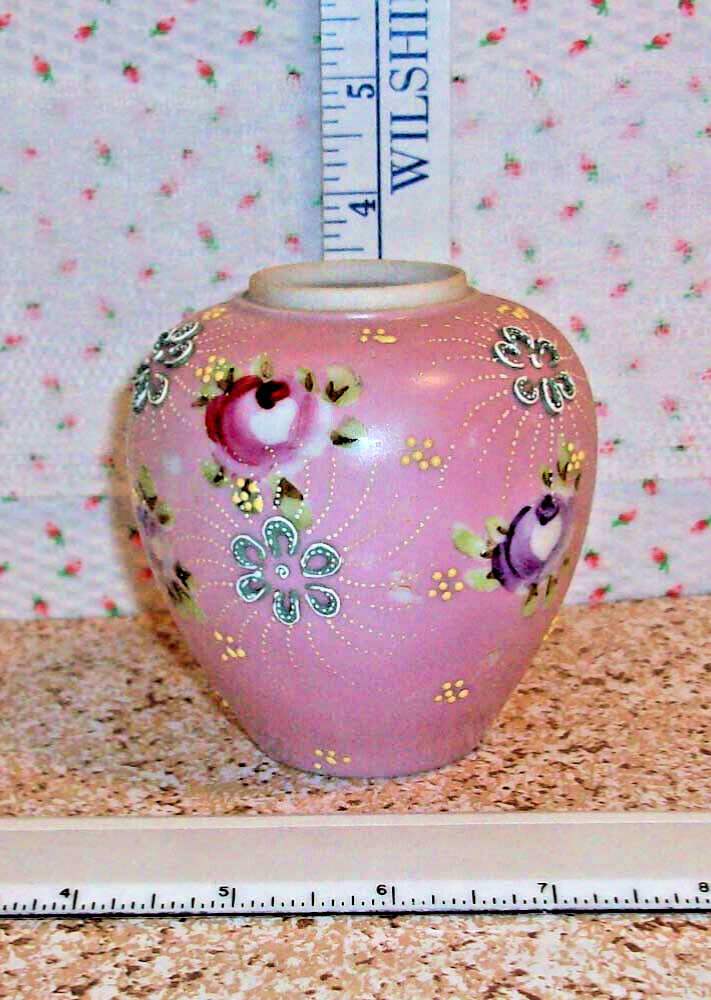 VTG Oriental White, Burgandy & Pink Hand Painted Floral Porcelain Ginger Jar