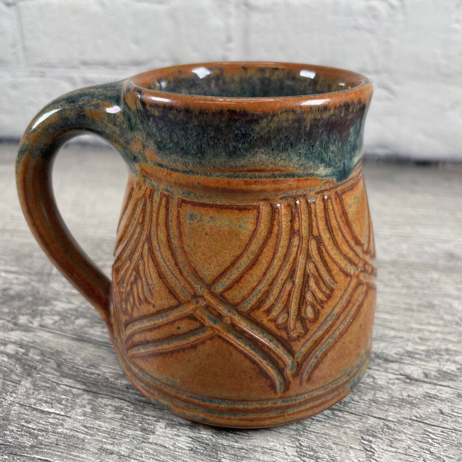 Mark Nafziger Studio Art Pottery Brush Creek Stoneware Coffee Cup Carved Motif