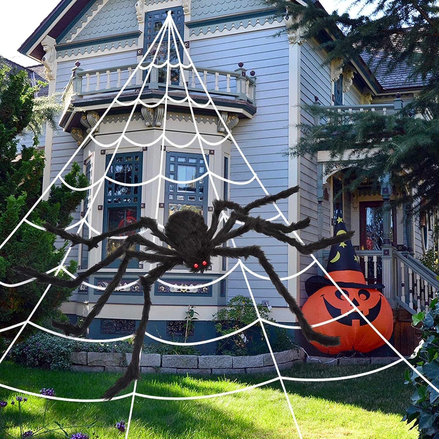 Telaraña Gigante 5m Con Araña Halloween Exterior Decoracion Jardin Patio