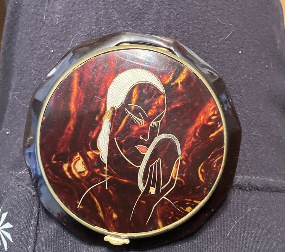 1930’s Art Deco French Face Painted  Women’s Powder Compact Vintage Rare