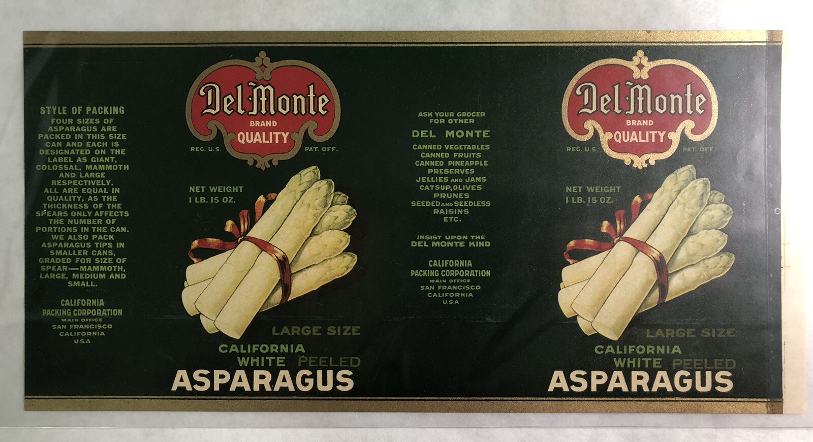 Vintage Ca 1930 DEL MONTE White Peeled Asparagus CAN LABEL Unused CA Packing