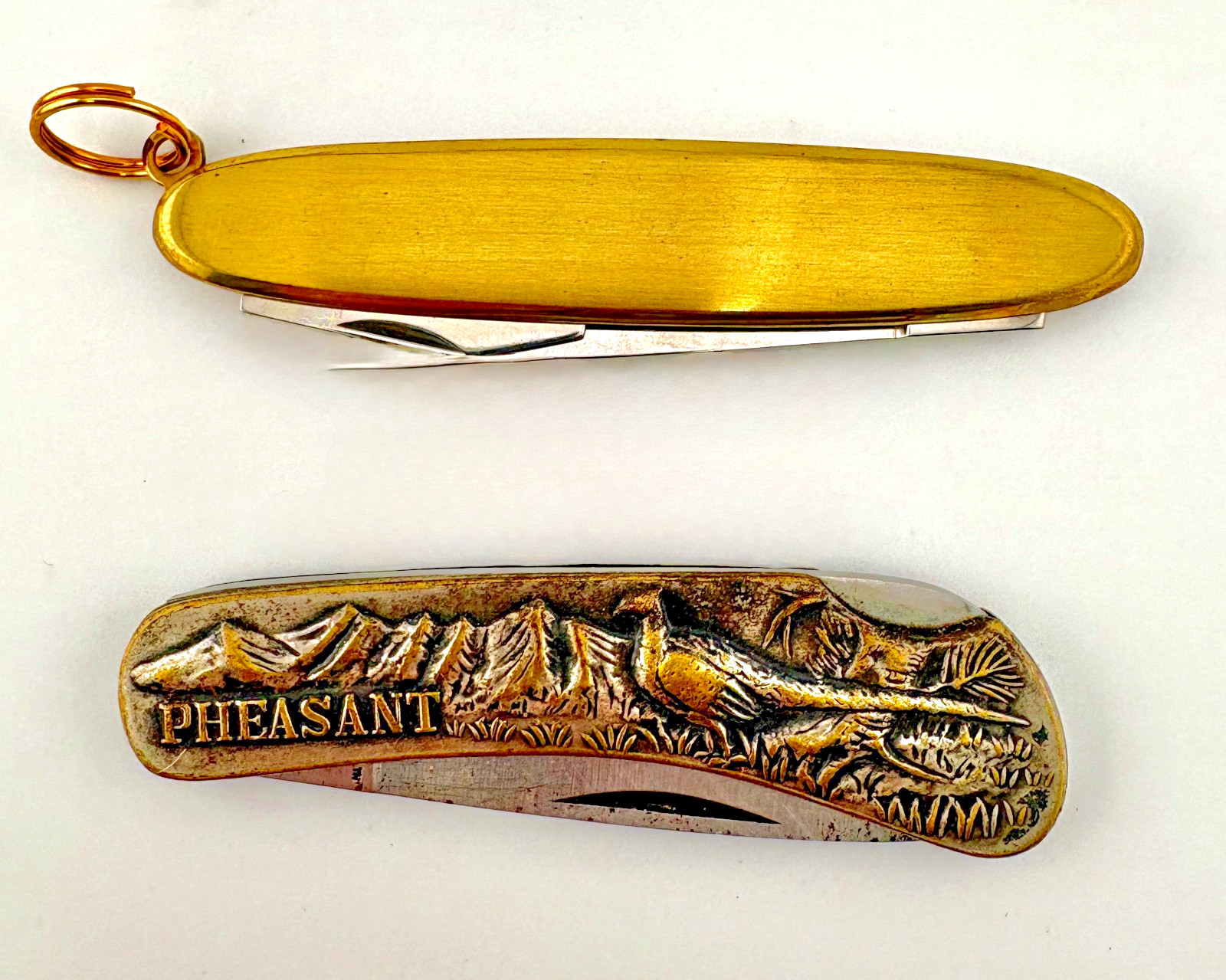 Vintage Sharp Brand Pheasant & Unbranded Gold-tone Fob Pocket Knives  MI49