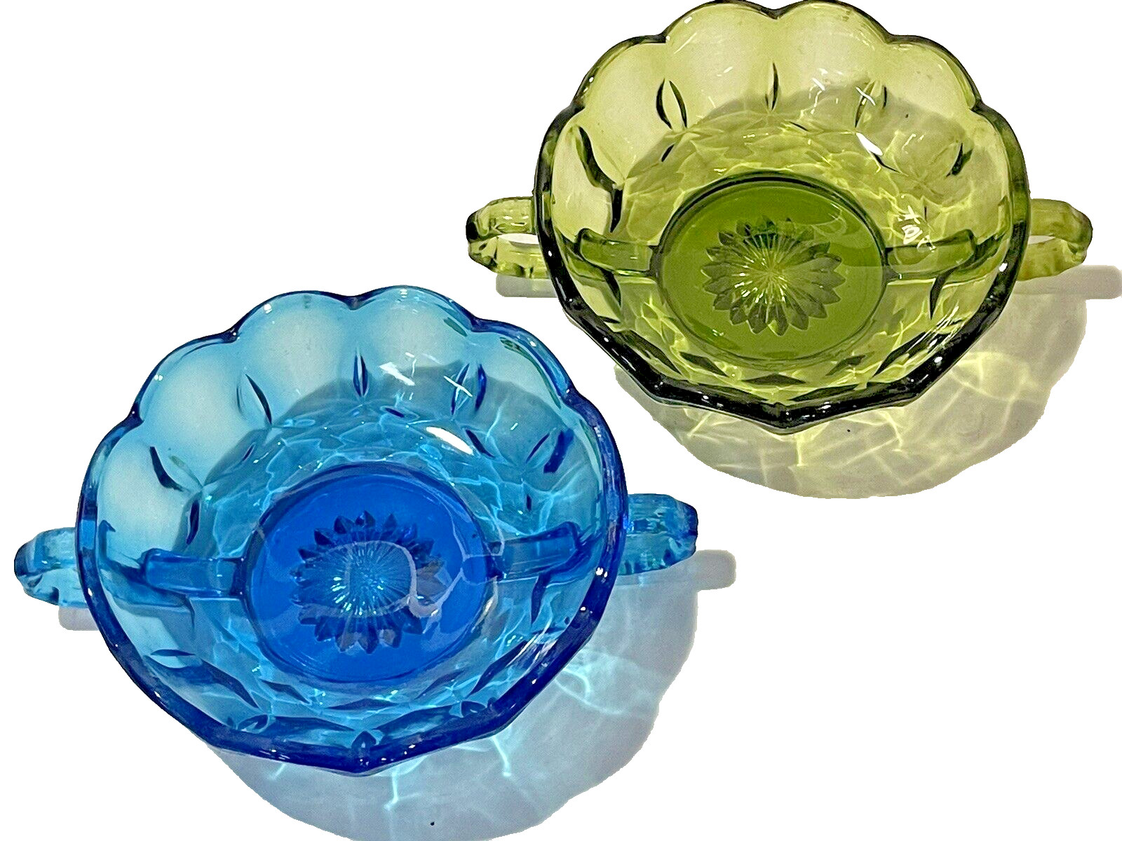 2 Vintage Anchor Hocking Fairfield Blue & Green Candy / Nut Dish with Handles