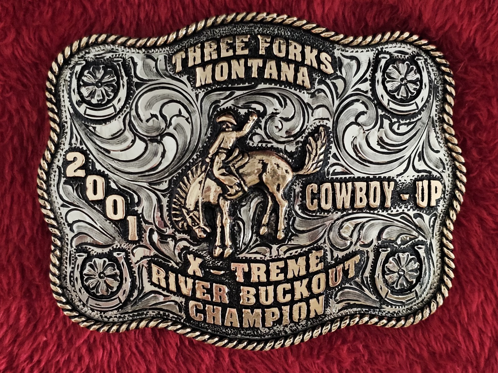 Bronc Riding Rodeo Trophy Buckle☆2001☆X~Treme  Champion☆Three Forks MT☆Rare☆W87