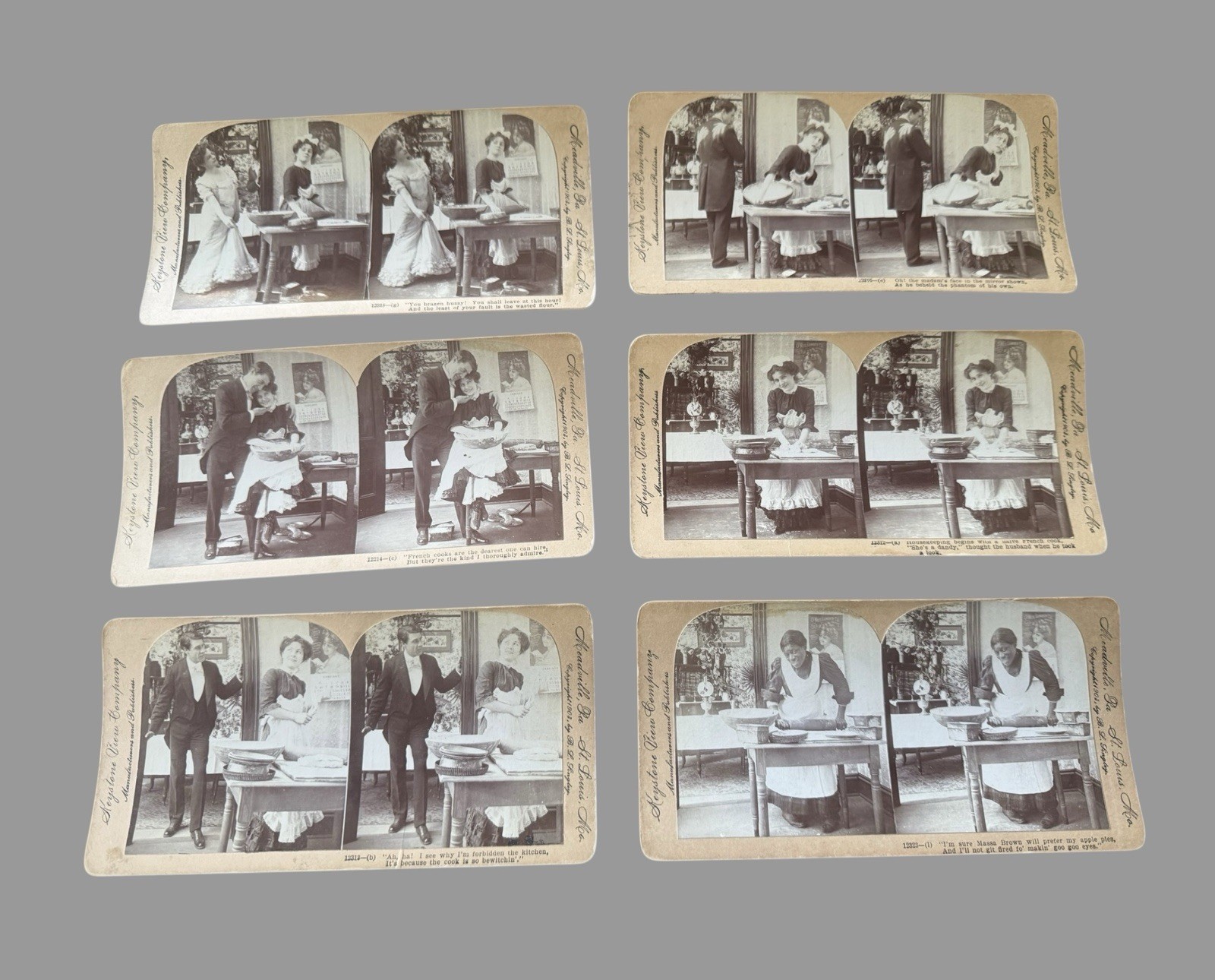 6 Antique H.C. White Comic Stereoview Cards Kitchen Domestic Genre Scenes 1903