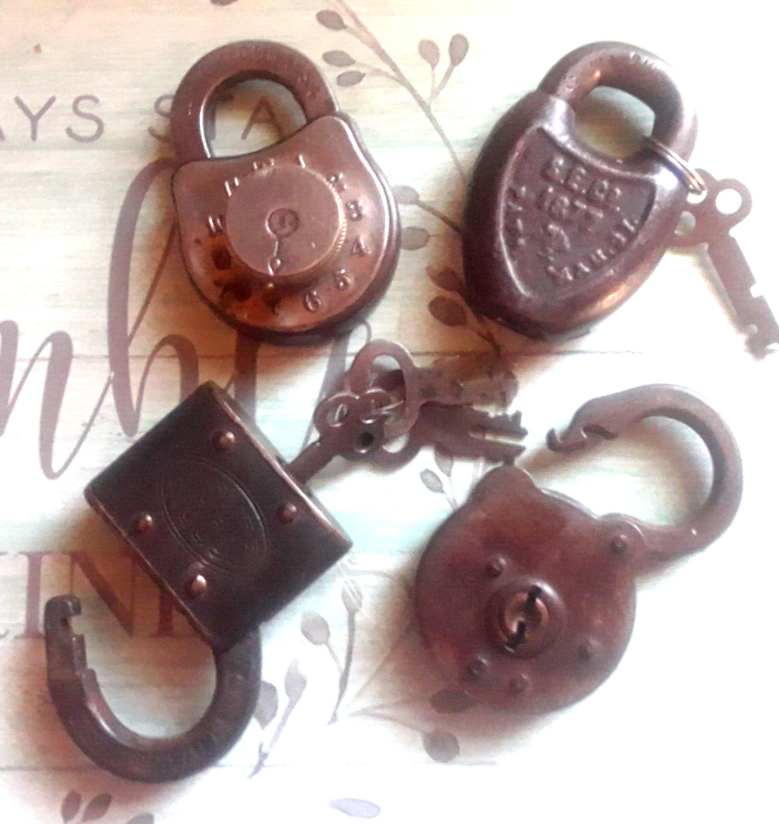 RARE UNUSUAL ANTQ LOT: 4 LOCKS/PADLOCKS◇1877◇1910 Clock Dial Combo ◇KEYS◇WRKN\'G