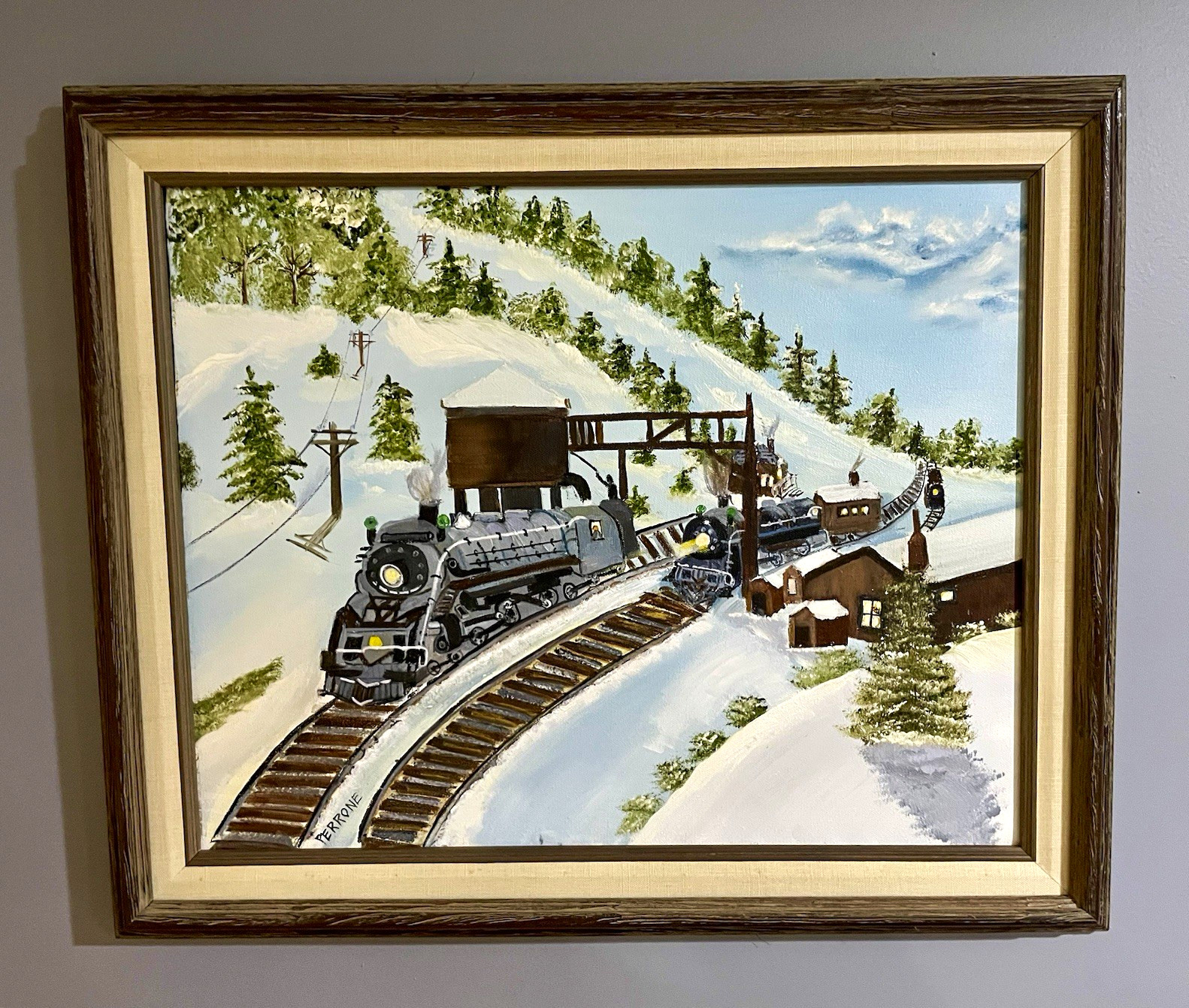 Original Vintage Steam Locomotive Train Oil Painting Snowy Mountain Framed 16x20