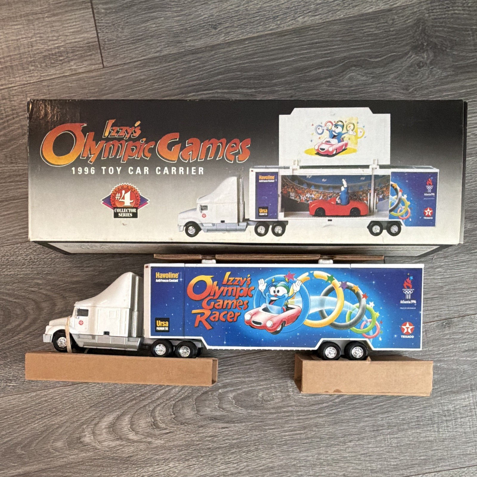 Texaco Izzy’s Olympic Games 1996 Toy Car Carrier Truck Set w/ Box