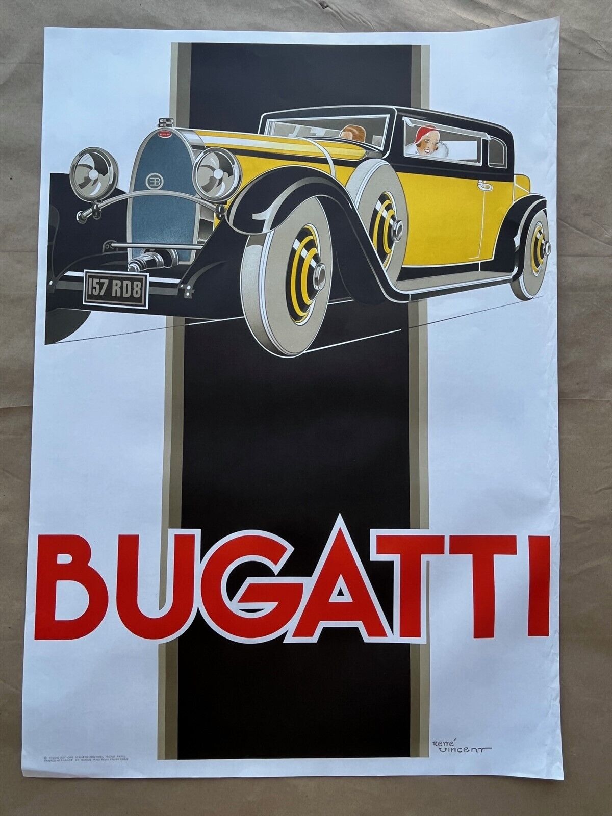 Print Bugatti T46 Poster Lithograph after Rene Vincent 1960's Studio Editions A