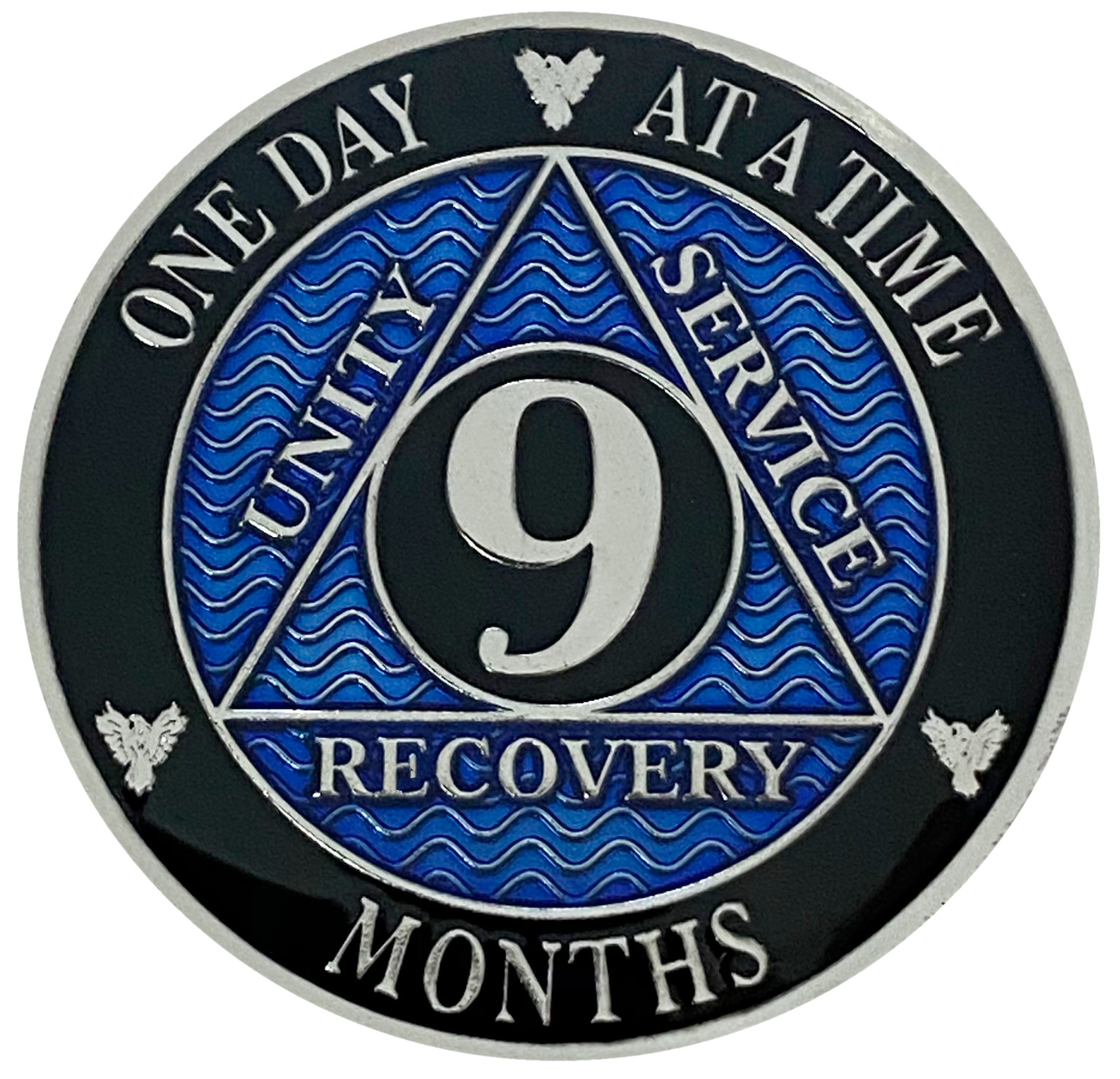 AA 9 Months Blue, Silver Color Plated Coin, Alcoholics Anonymous Medallion