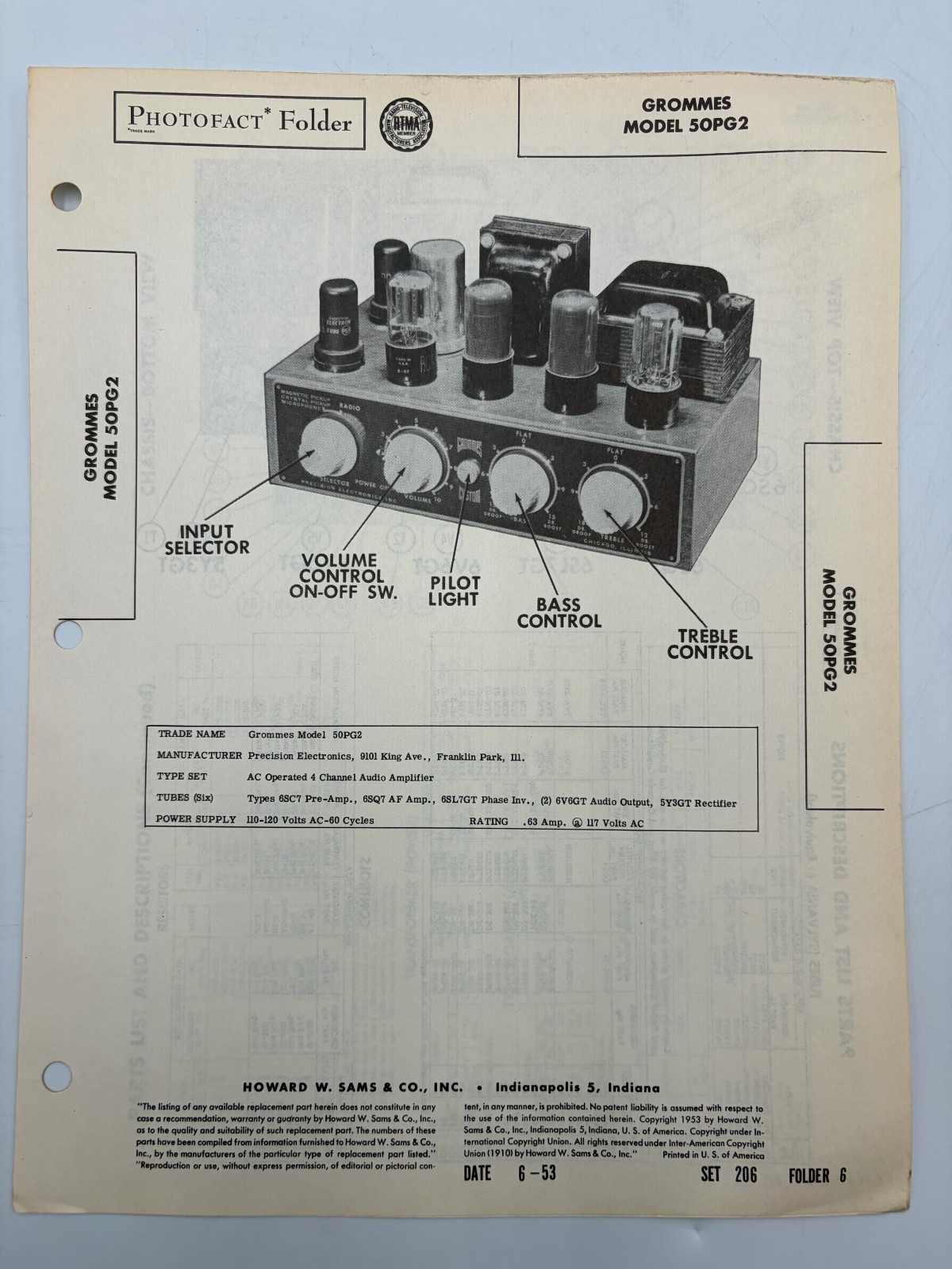 Original Sams Photofact Manual GROMMES 50PG2 Tube Amplifier W Schematic 1953