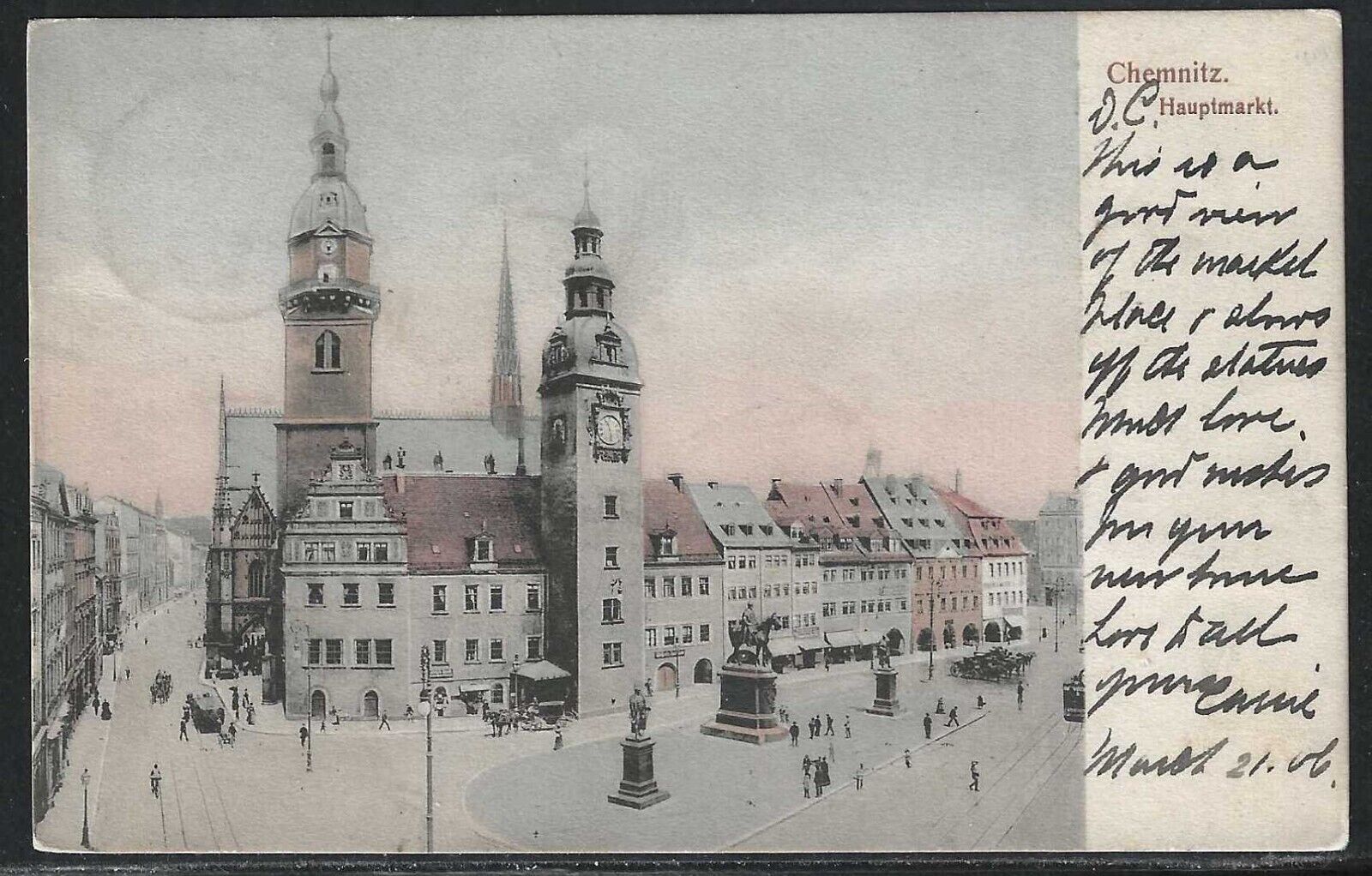 Main Market, Chemnitz, Germany, 1906 Hand Colored Postcard, Used