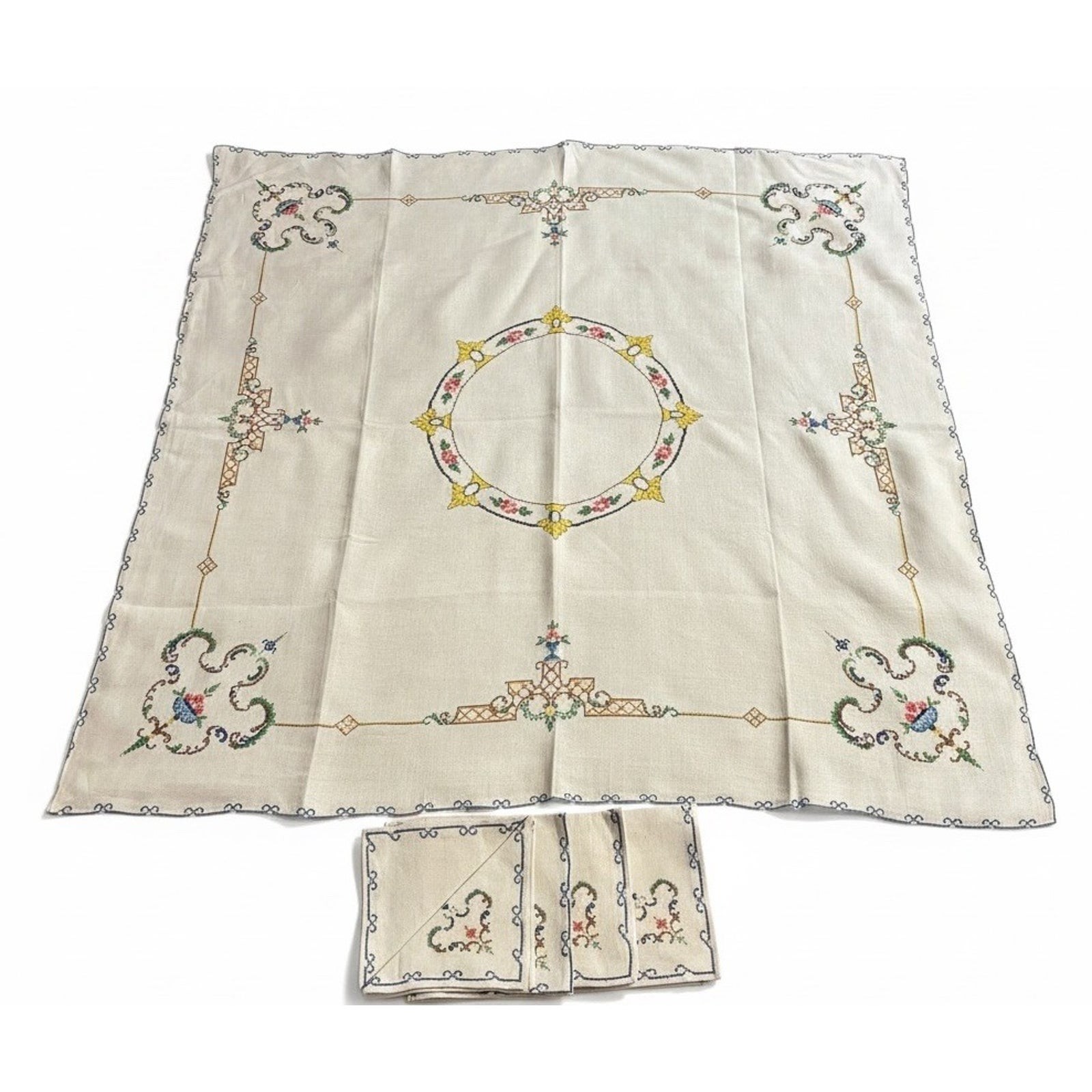 Vintage 1930s Hand Embroidered Floral Bridge Card Tablecloth Set 33.5\