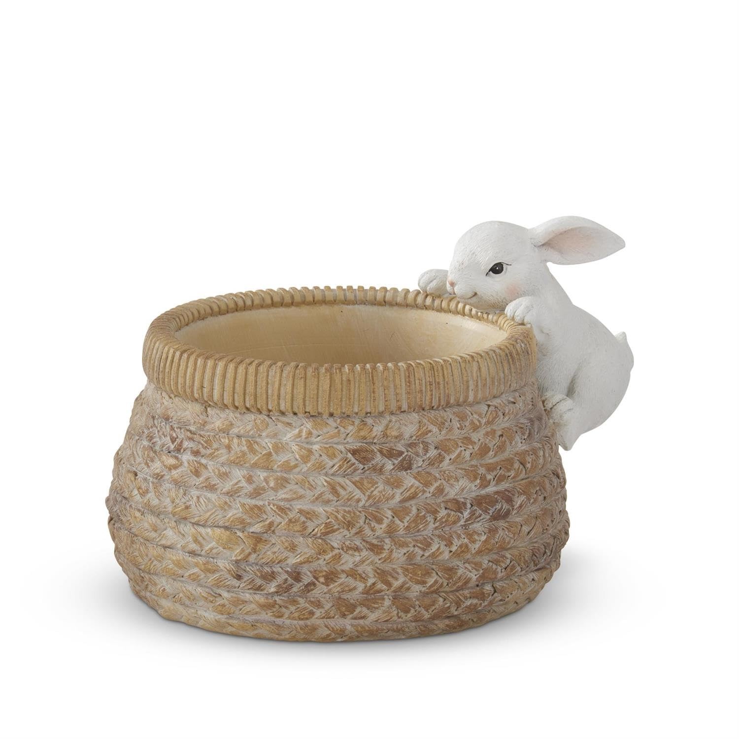 K&K Interiors Resin Basket w/Bunny, 6-Inch, White, Brown