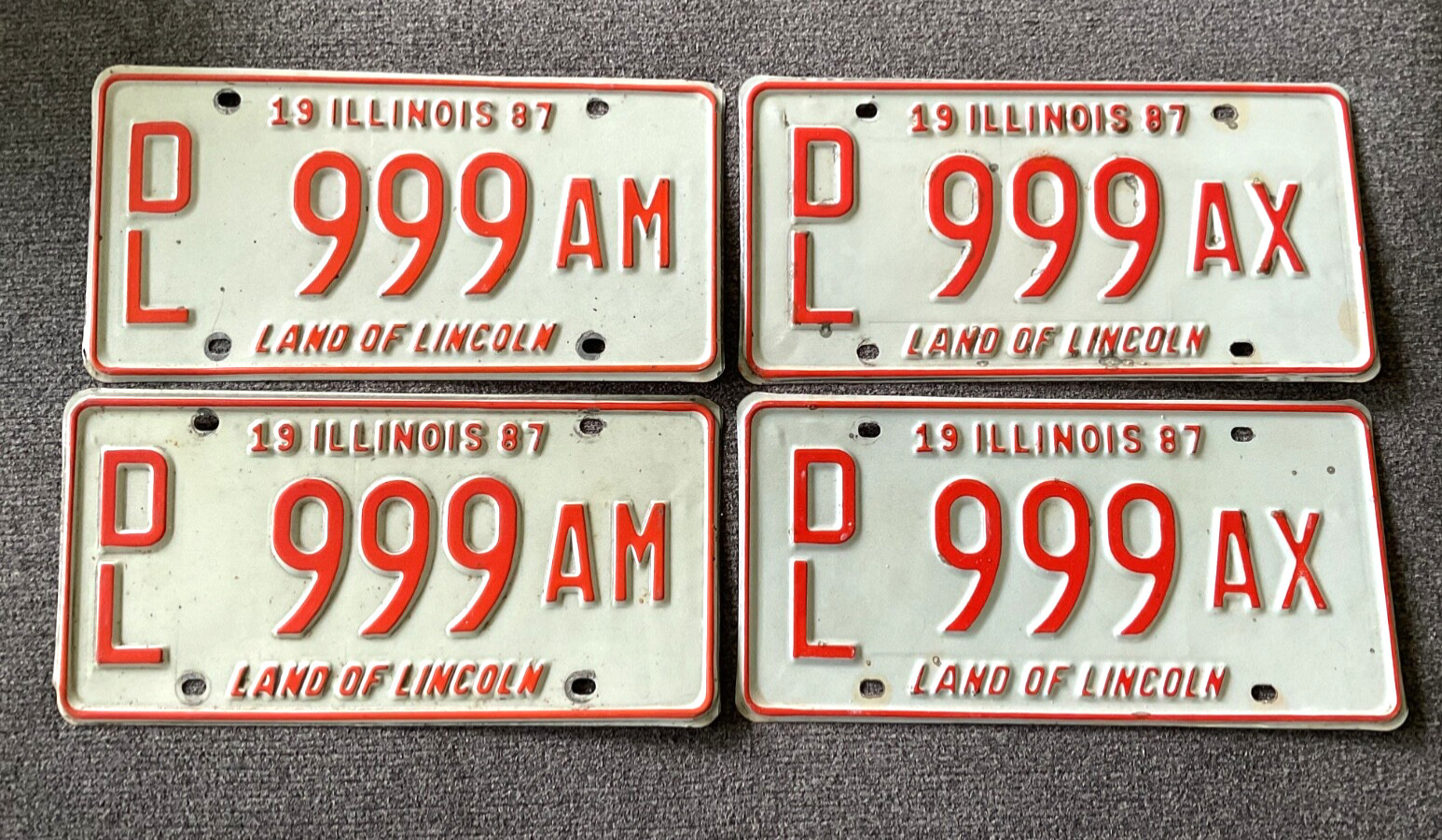 WOW 2 PAIR OF ILLINOIS LICENSE PLATE PLATES 1987 BOTH 999
