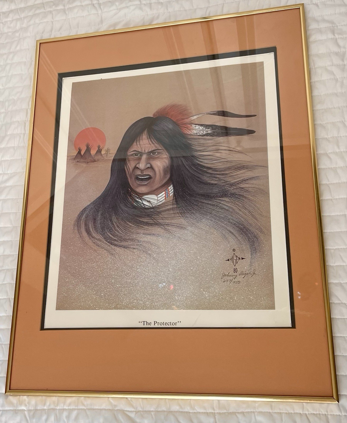 The Protector Johnny Tiger Native American Art Framed Signed Mat Limited 24” 18”