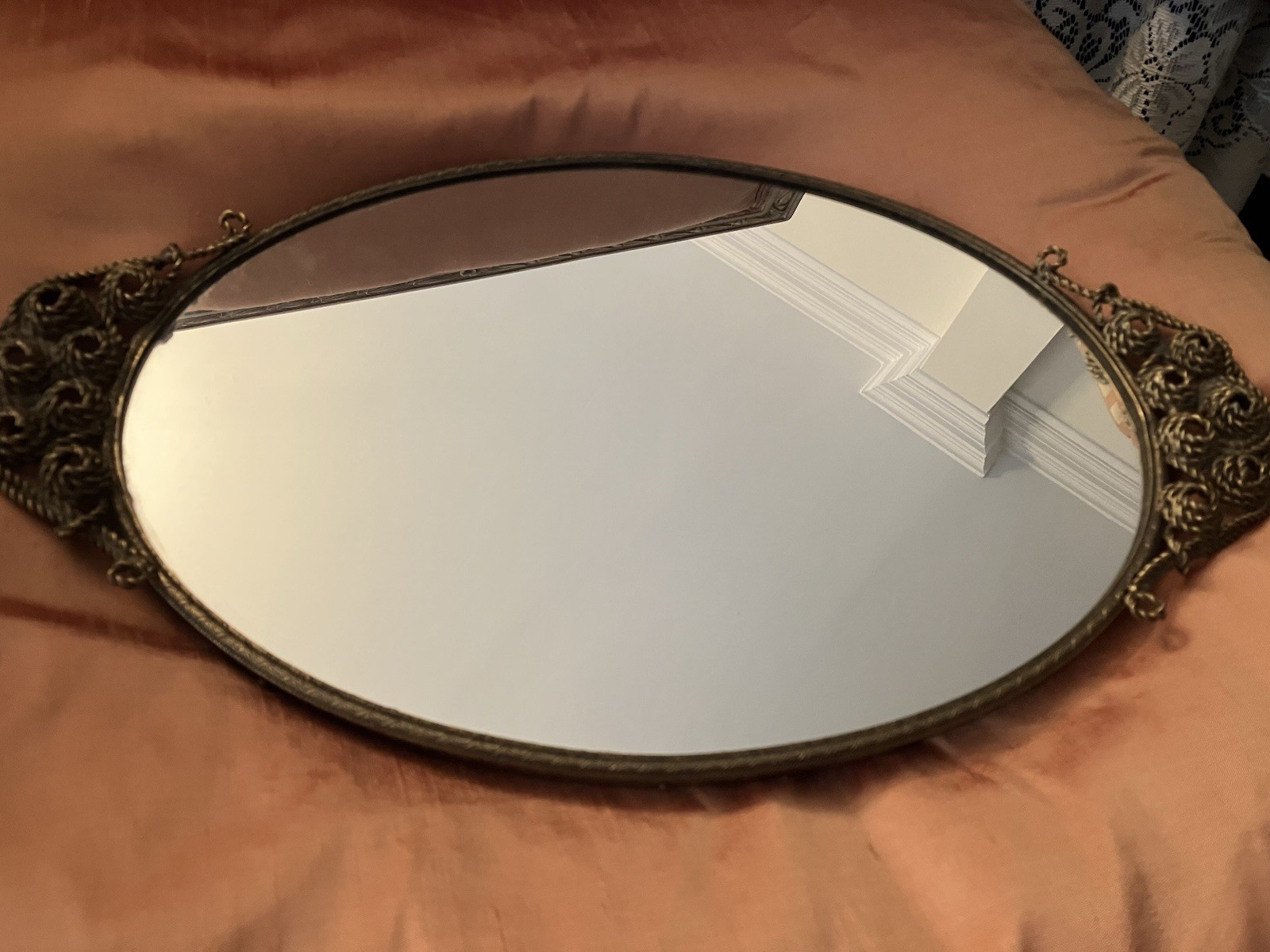 VTG Matson Signed Gold Gilt Ormolu Oval Mirror Tray 16