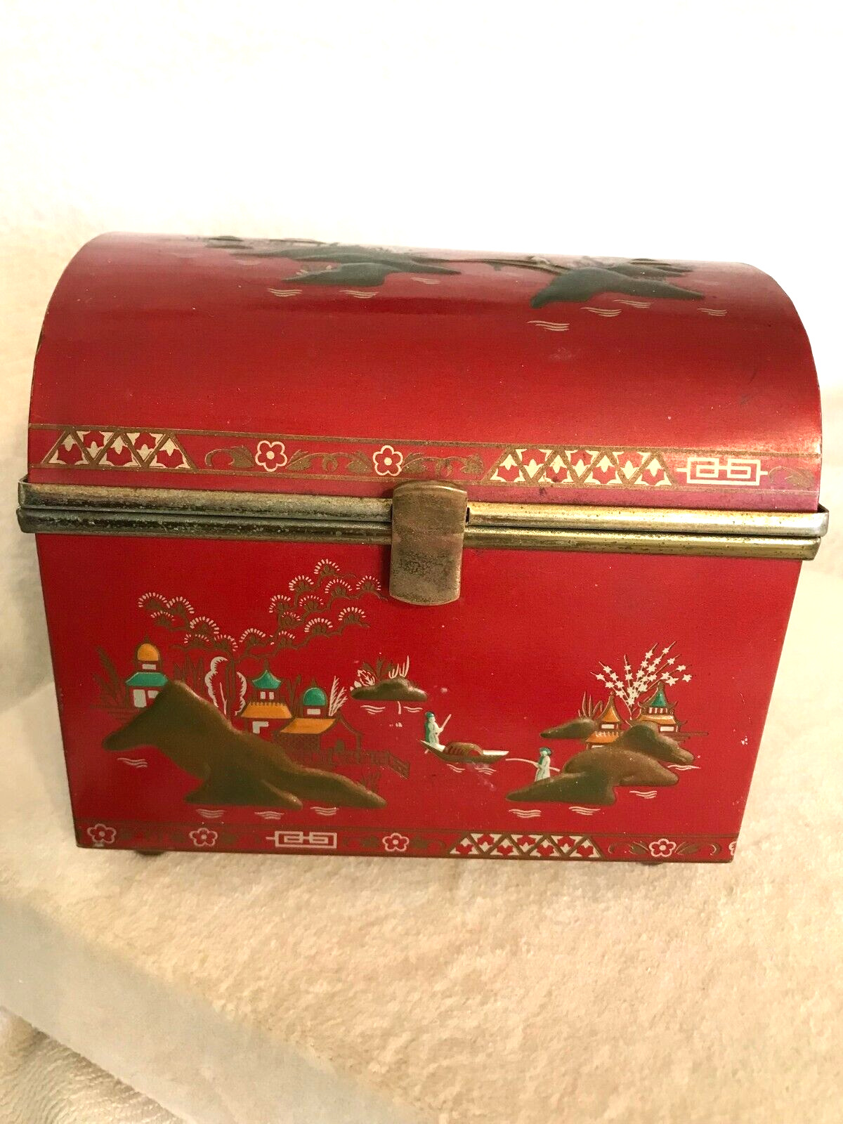 Antique Vintage BARET WARE Tin Jewelry BOX  ENGLAND,  Red Asian,  Pagoda