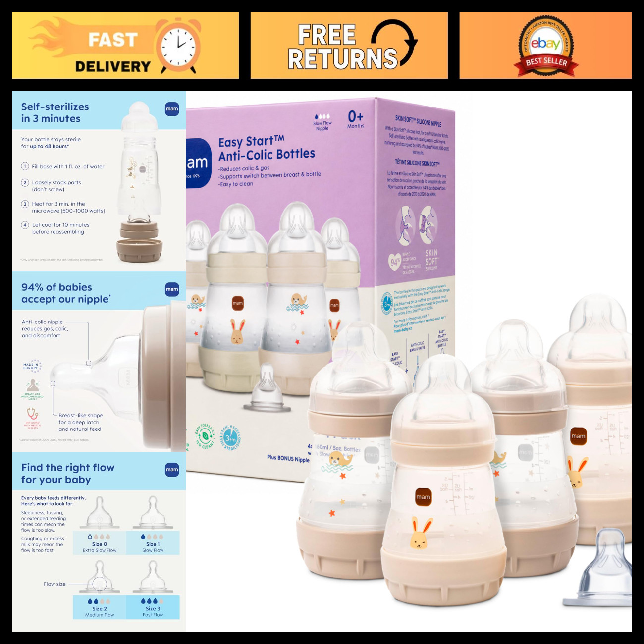 MAM 5oz Easy Start Anti-Colic+ Vented Baby Bottle, 0+ Mths, 4 Pk, Unisex