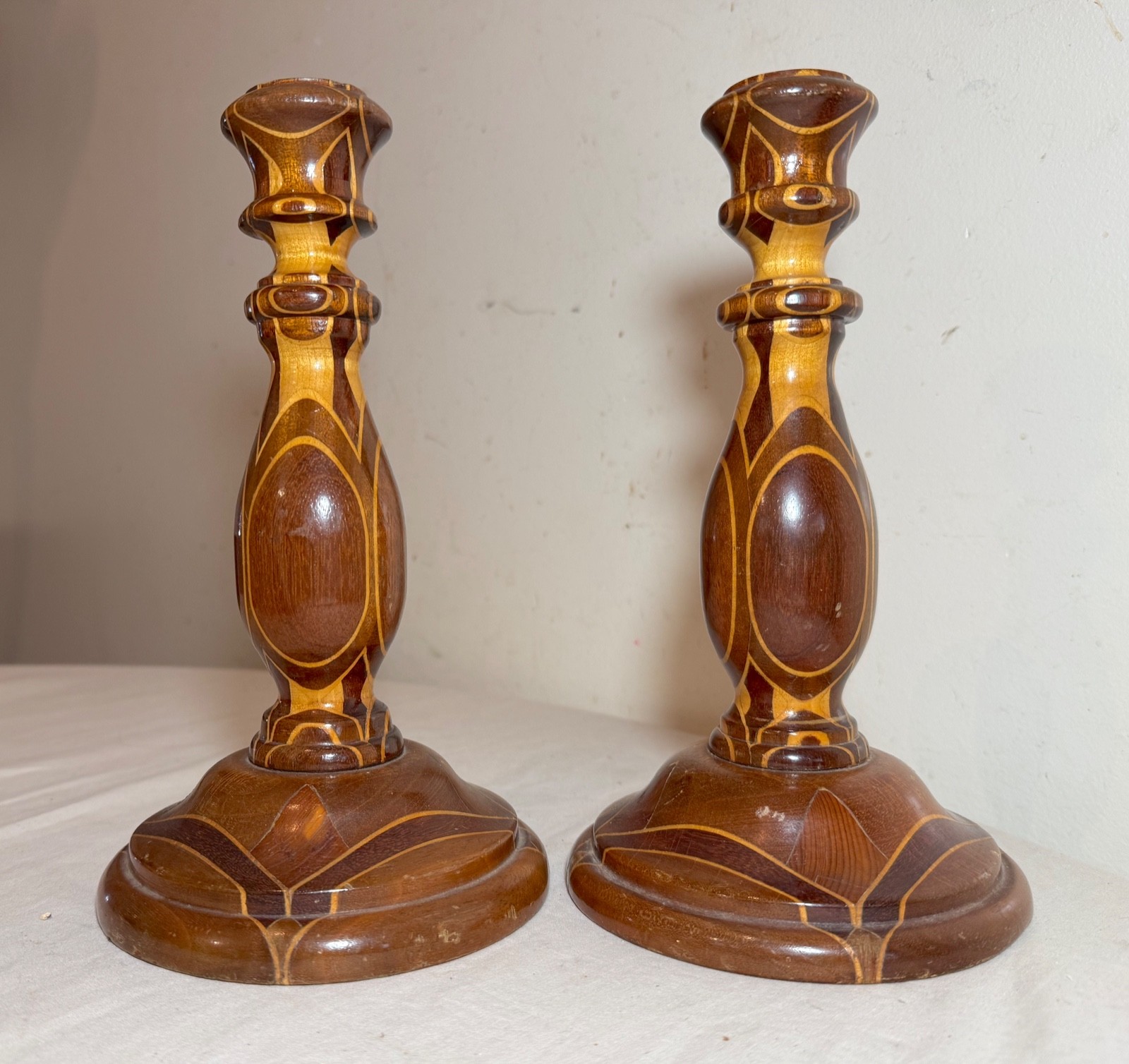 pair of antique hand turned wood marquetry parquetry candlesticks candle holders